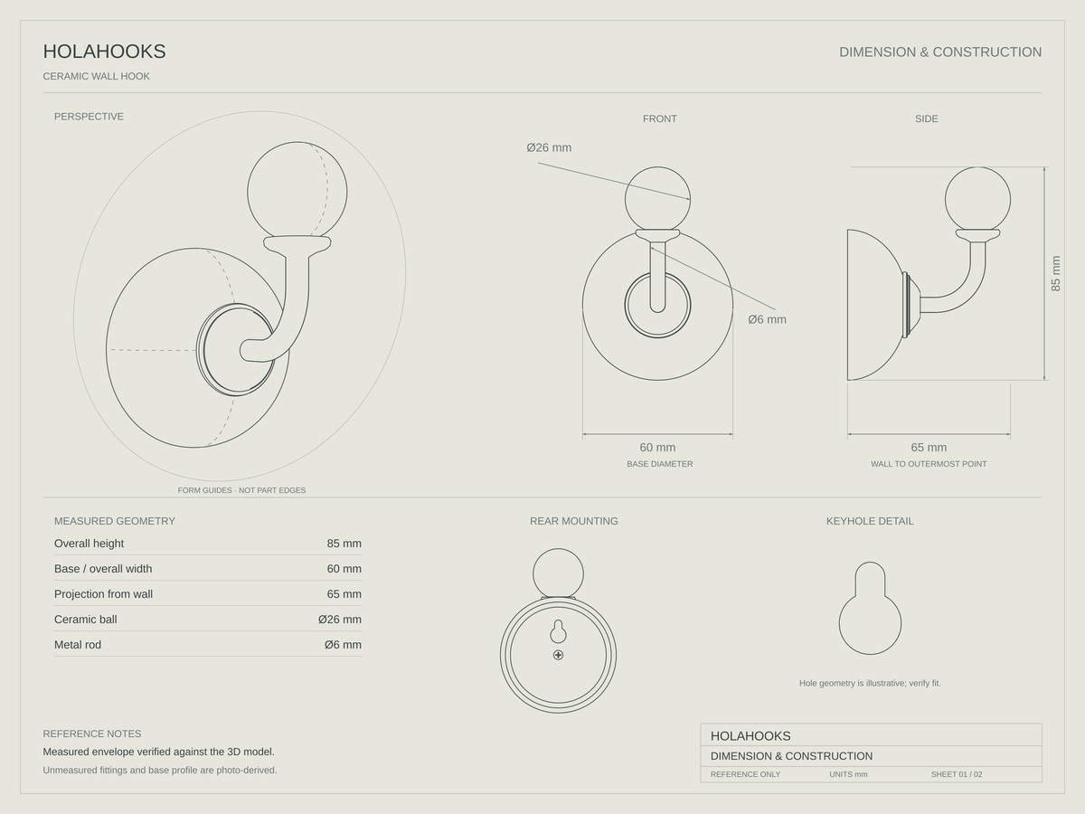 CH-01 ceramic wall hook dimensions: 85 mm height, 60 mm width and base diameter, 65 mm projection, 26 mm ball and 6 mm rod.