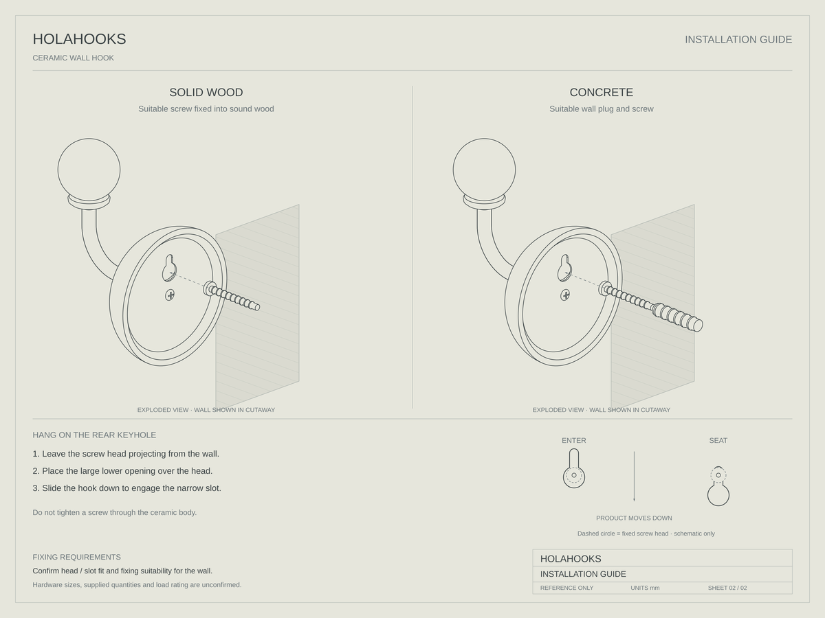 CH-01 ceramic wall hook installation guide showing rear keyhole mounting on solid wood and concrete.