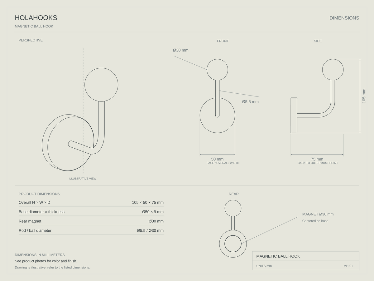 MH-01 magnetic ball hook dimensions: height 105 mm, width 50 mm, depth 75 mm; base diameter 50 mm and thickness 9 mm; magnet diameter 30 mm; rod diameter 5.5 mm; ball diameter 30 mm.