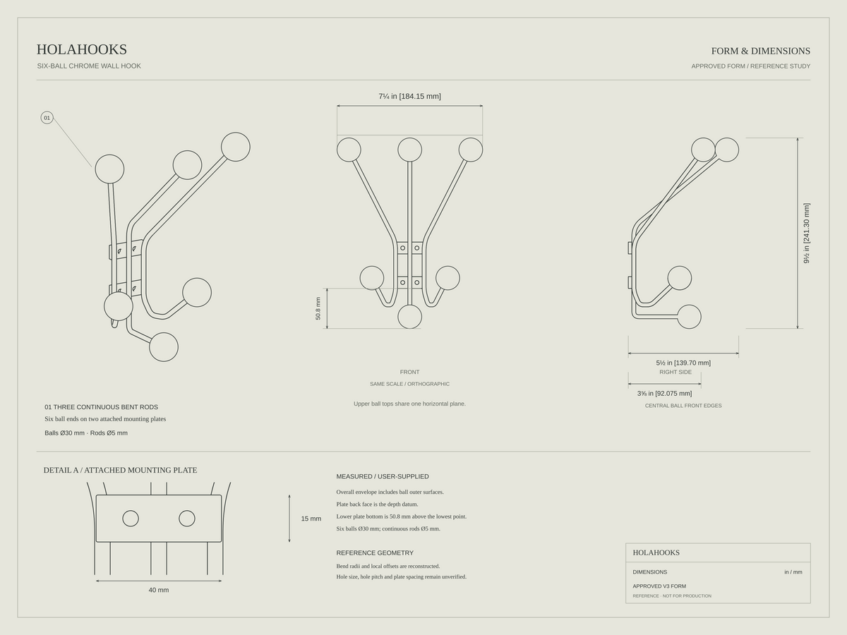 SH-06 six-ball wall hook dimensions: 9.5 in height, 7.25 in width, 5.5 in depth; 30 mm balls and 5 mm rods.