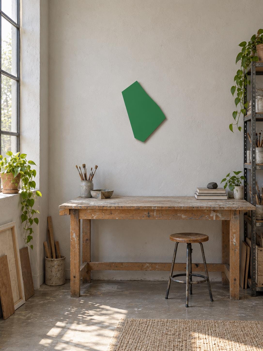 Green irregular wall panel above a desk near a window and plants.