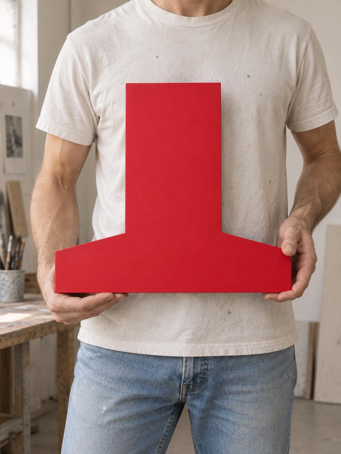 Person holding a red inverted-T-shaped wall panel in front of their torso.