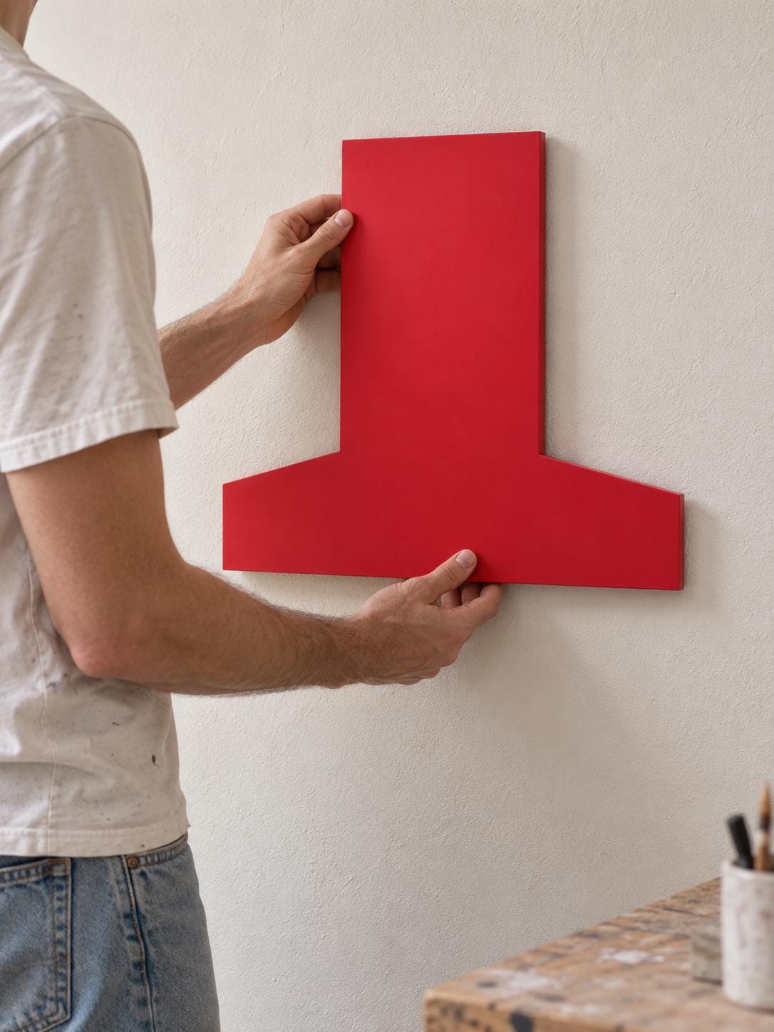 Person positioning a red inverted-T-shaped panel on a wall.
