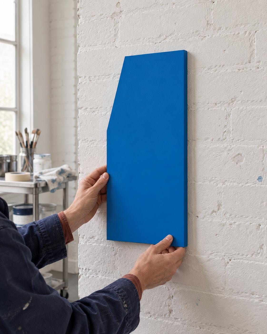Hands positioning a blue angular panel against a white brick wall.
