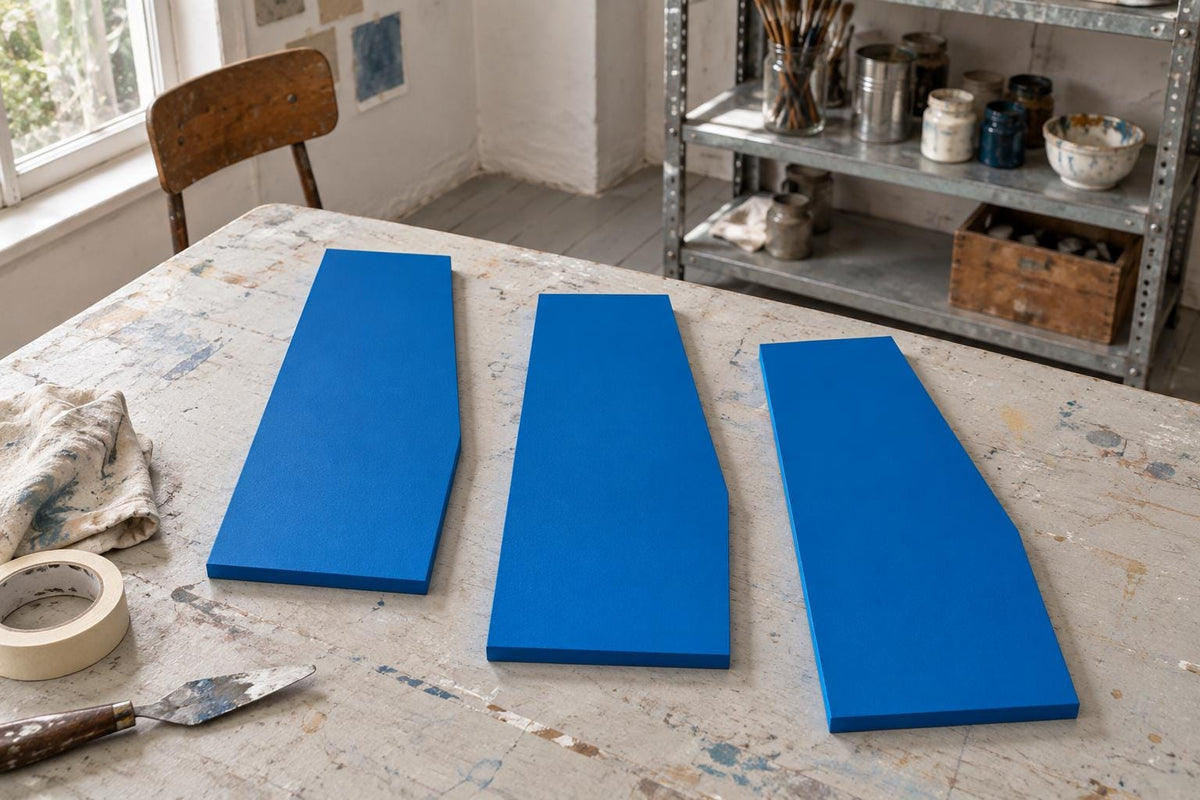 Three tall blue angular panels laid side by side on a worktable.