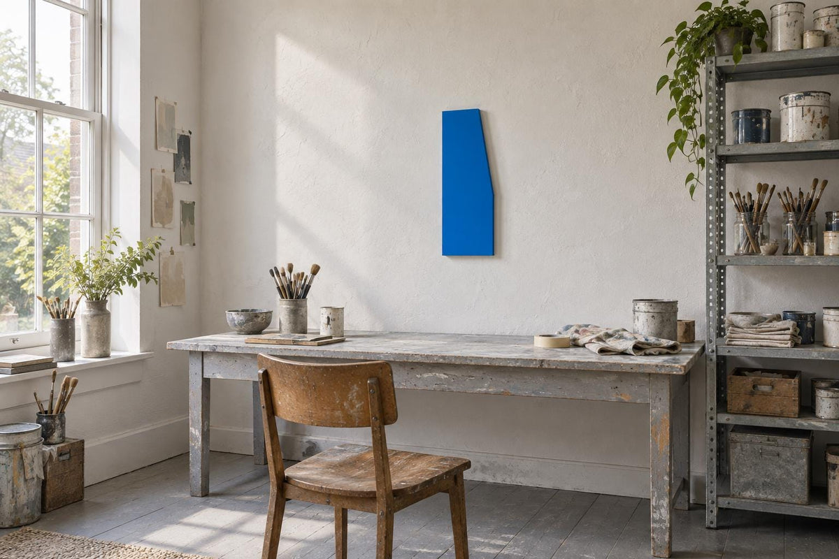 Tall blue wall panel above a desk beside a window.