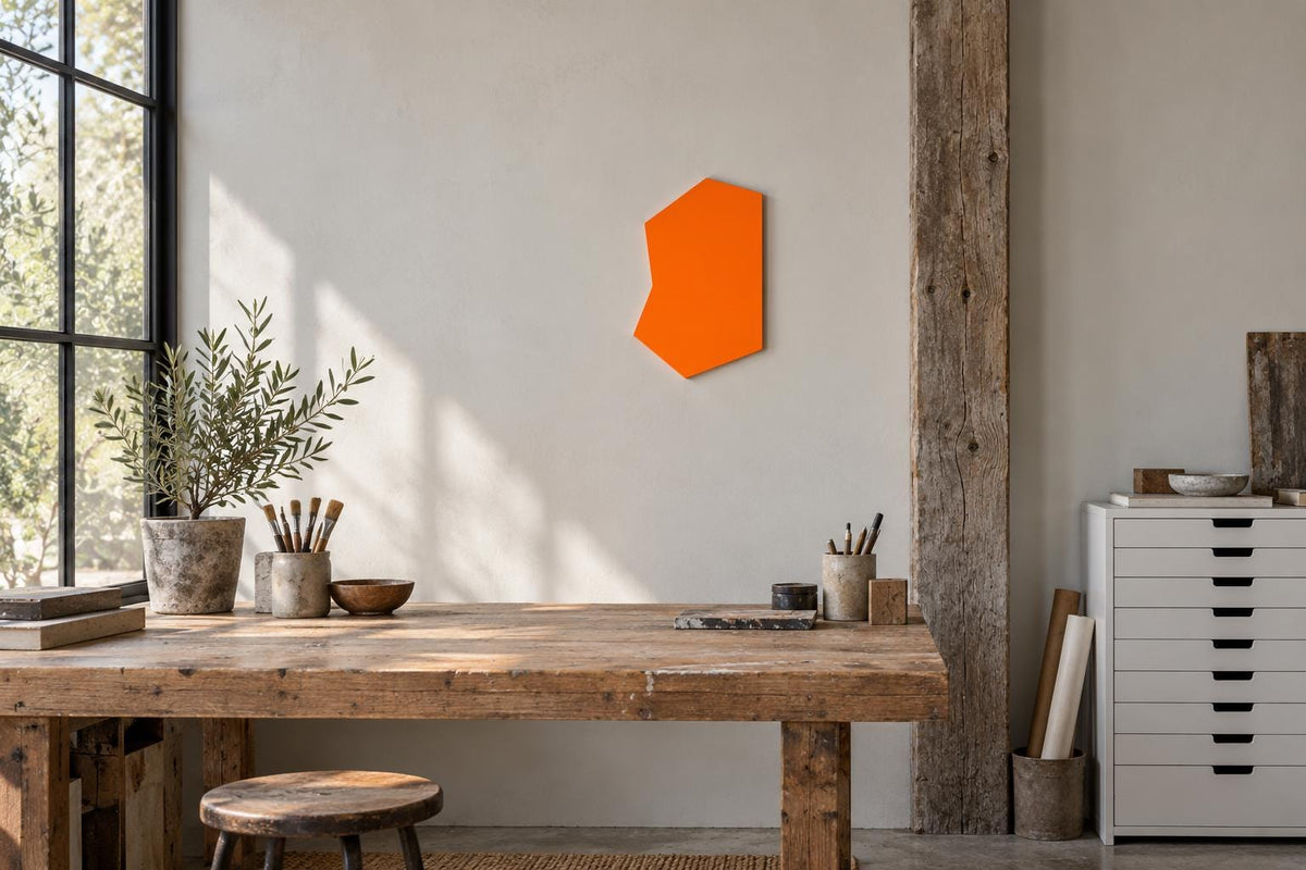 Orange angular wall panel above a studio workbench.