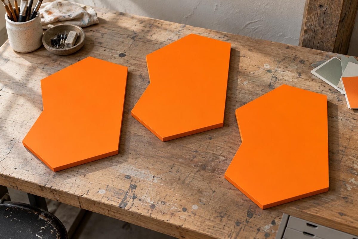 Three orange irregular panels lying on a paint-marked workbench.