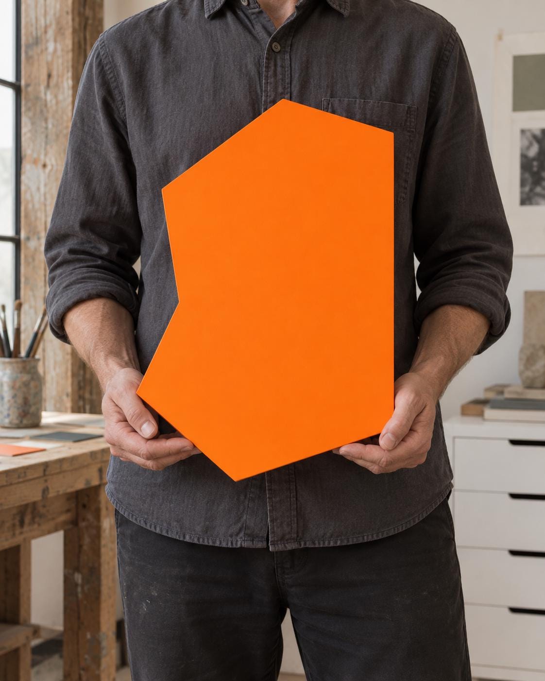 Person holding an orange notched panel in front of their torso.