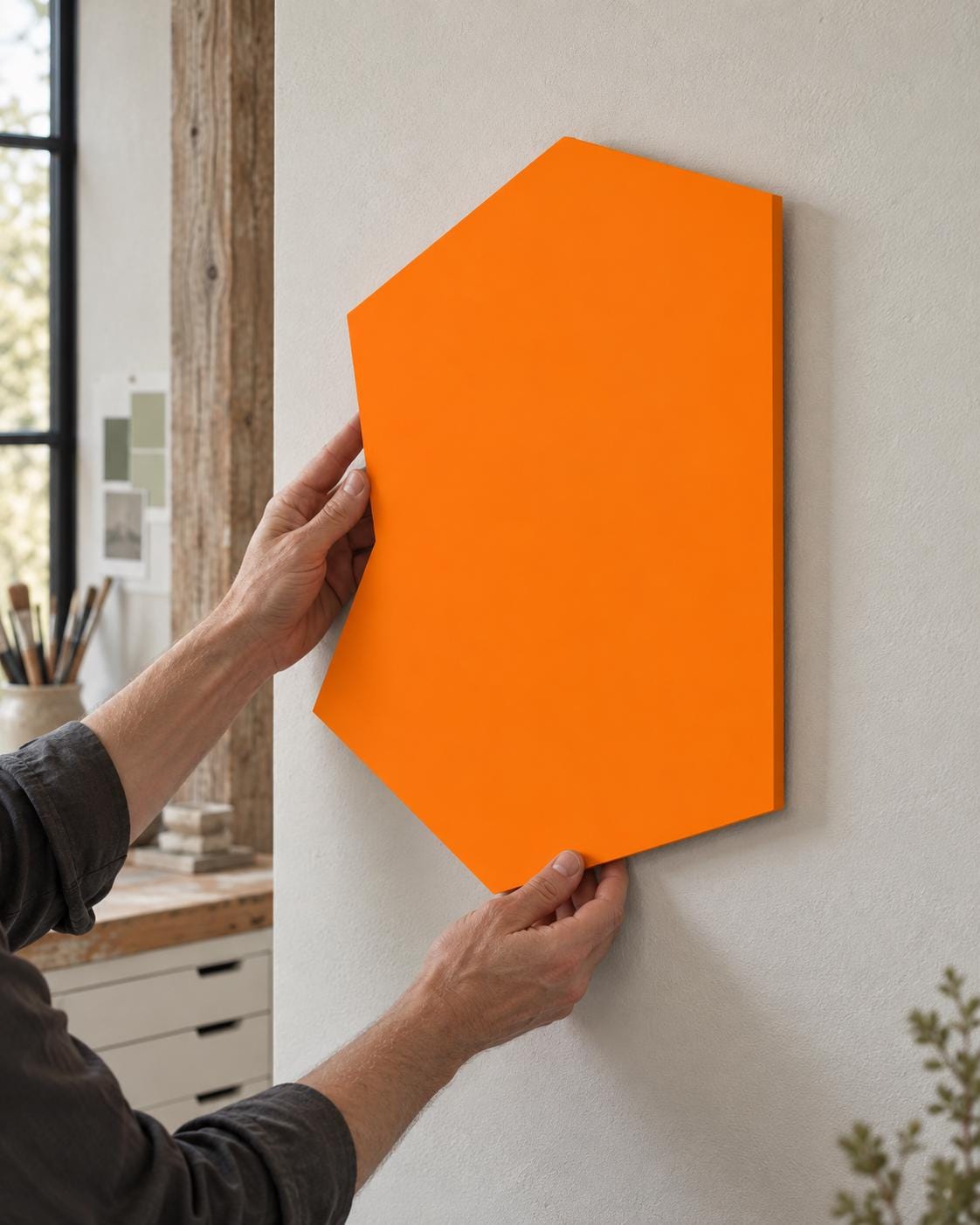 Hands positioning an orange irregular wall panel.