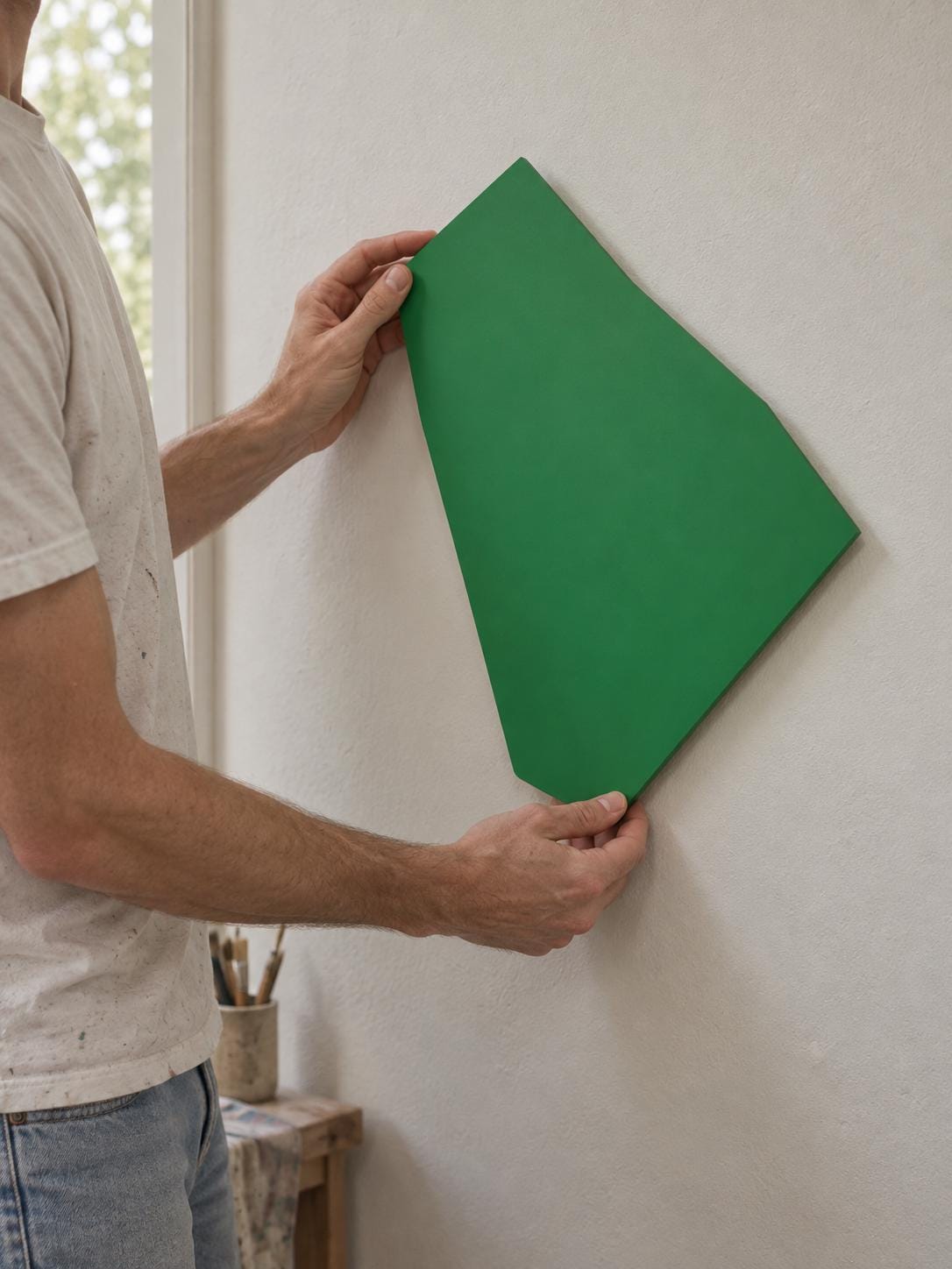Person positioning a green irregular panel on a cream wall.