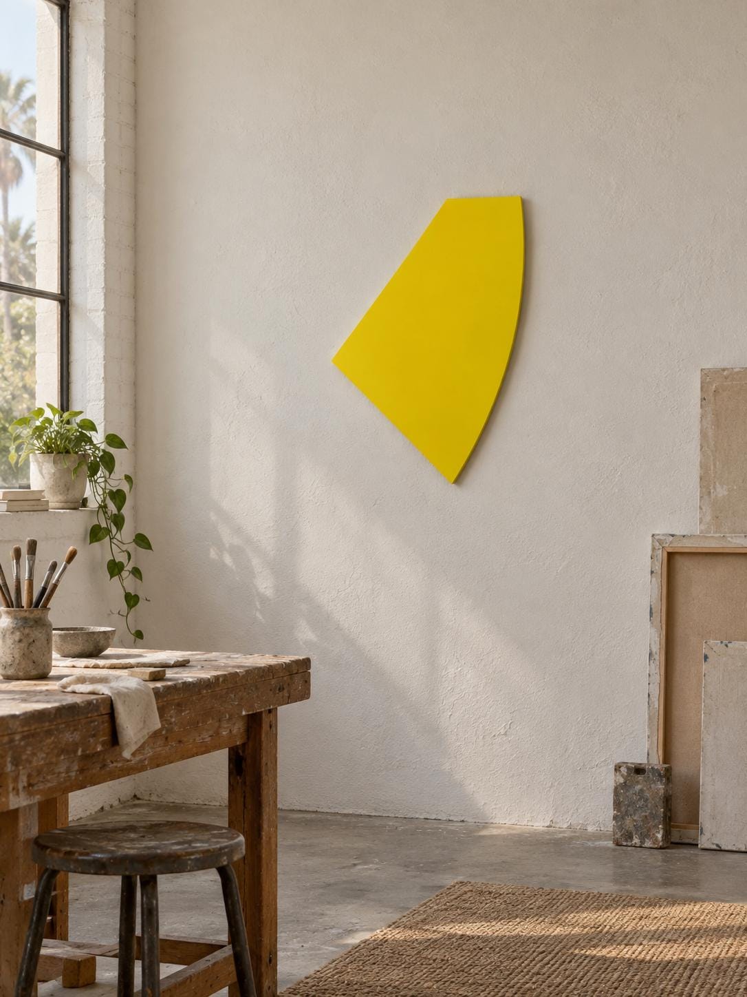 Yellow curved-edge wall panel in a sunlit studio beside a window.