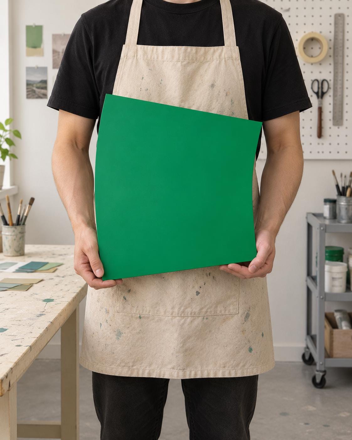 Person in an apron holding a green curved-edge wall panel.