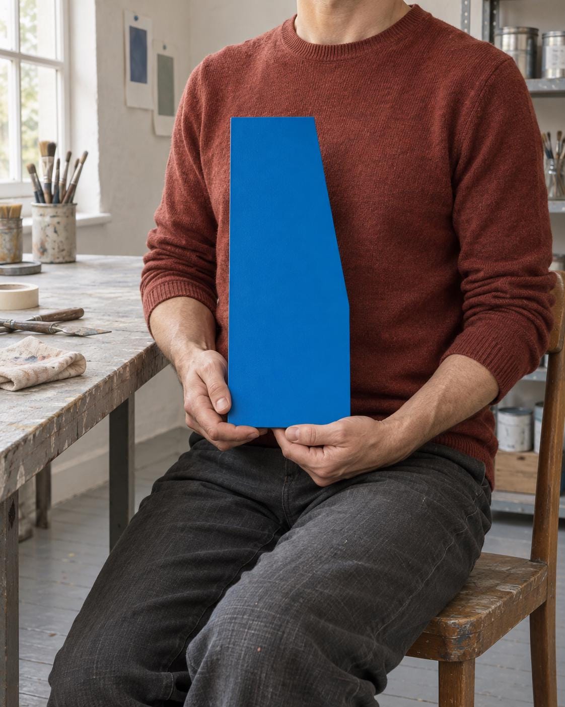 Seated person holding a narrow blue angular panel upright.