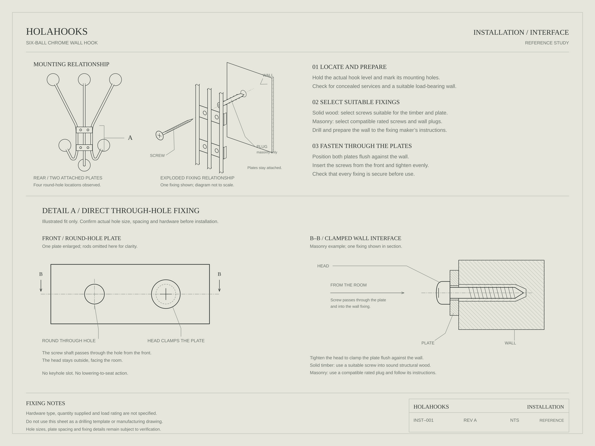 SH-06 six-ball wall hook installation guide using two mounting plates with round holes. Use the actual product to mark hole positions.