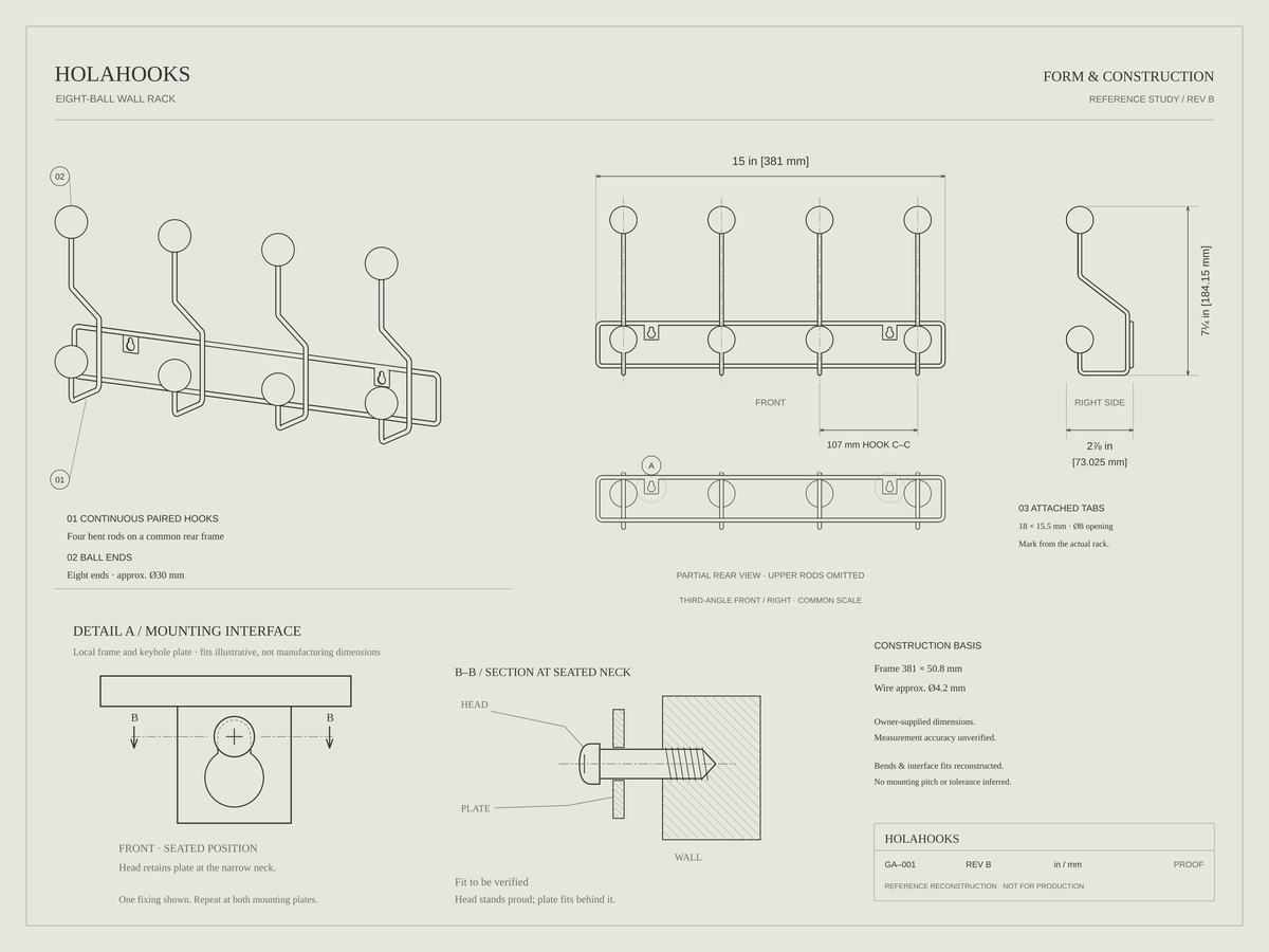 HH-08 eight-ball wall rack dimension reference: 381 mm wide, 184.15 mm high, 73.025 mm deep including wood balls.