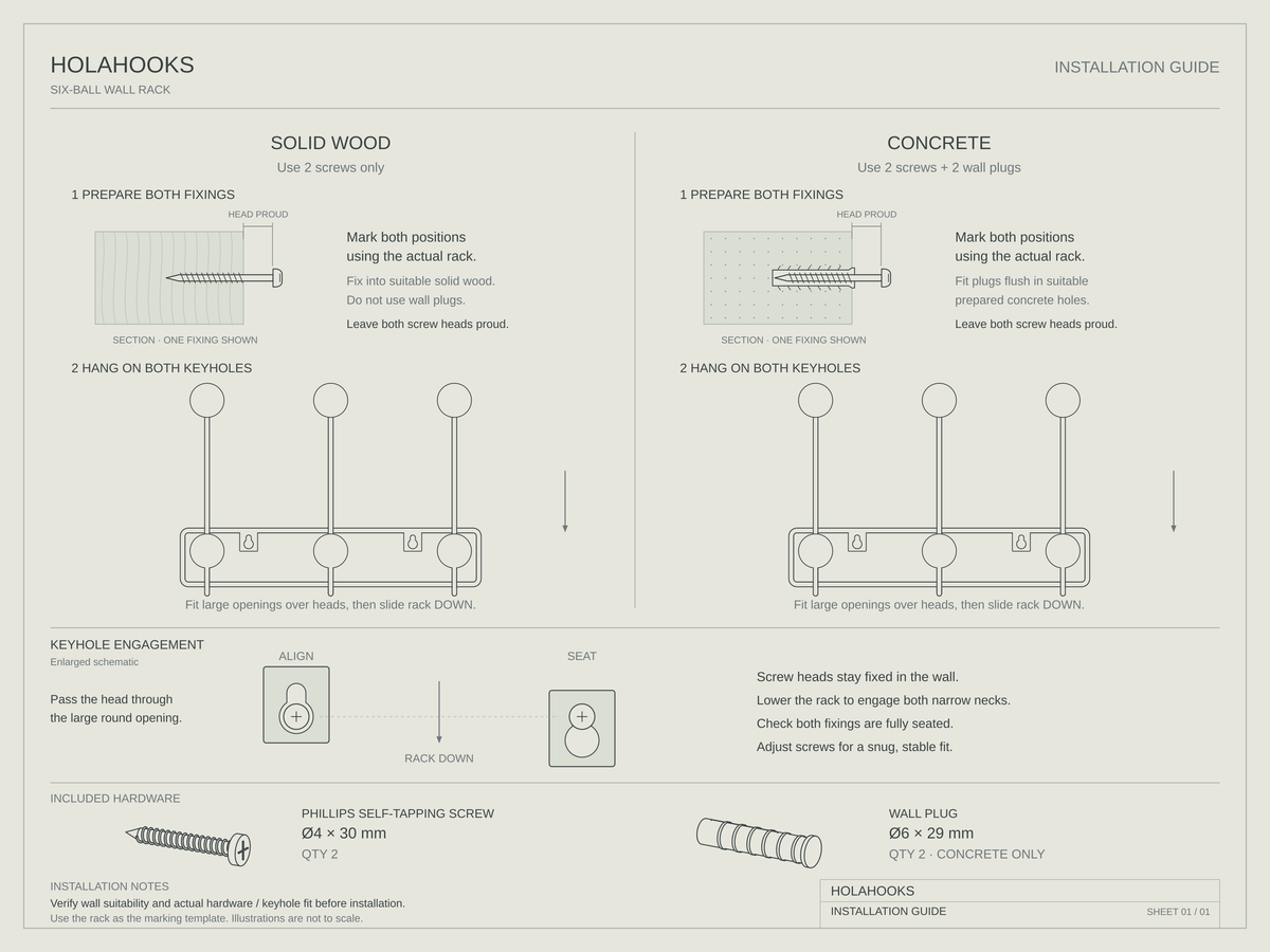 HH-06 six-ball wall rack installation guide for solid wood and concrete, using two keyhole fixings.