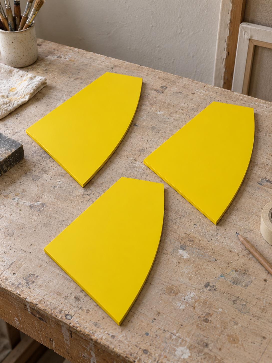 Three yellow curved-edge panels arranged on a workbench.