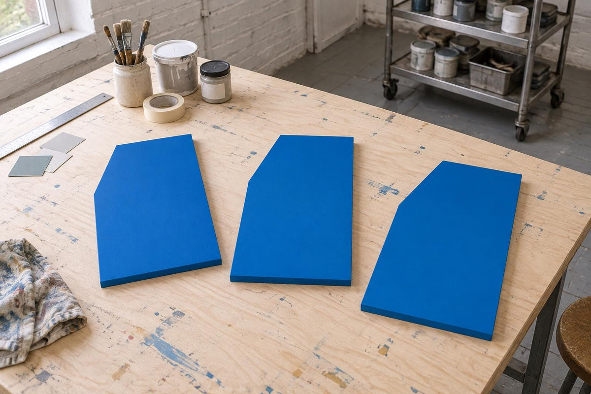 Three blue angular panels arranged on a paint-marked table.