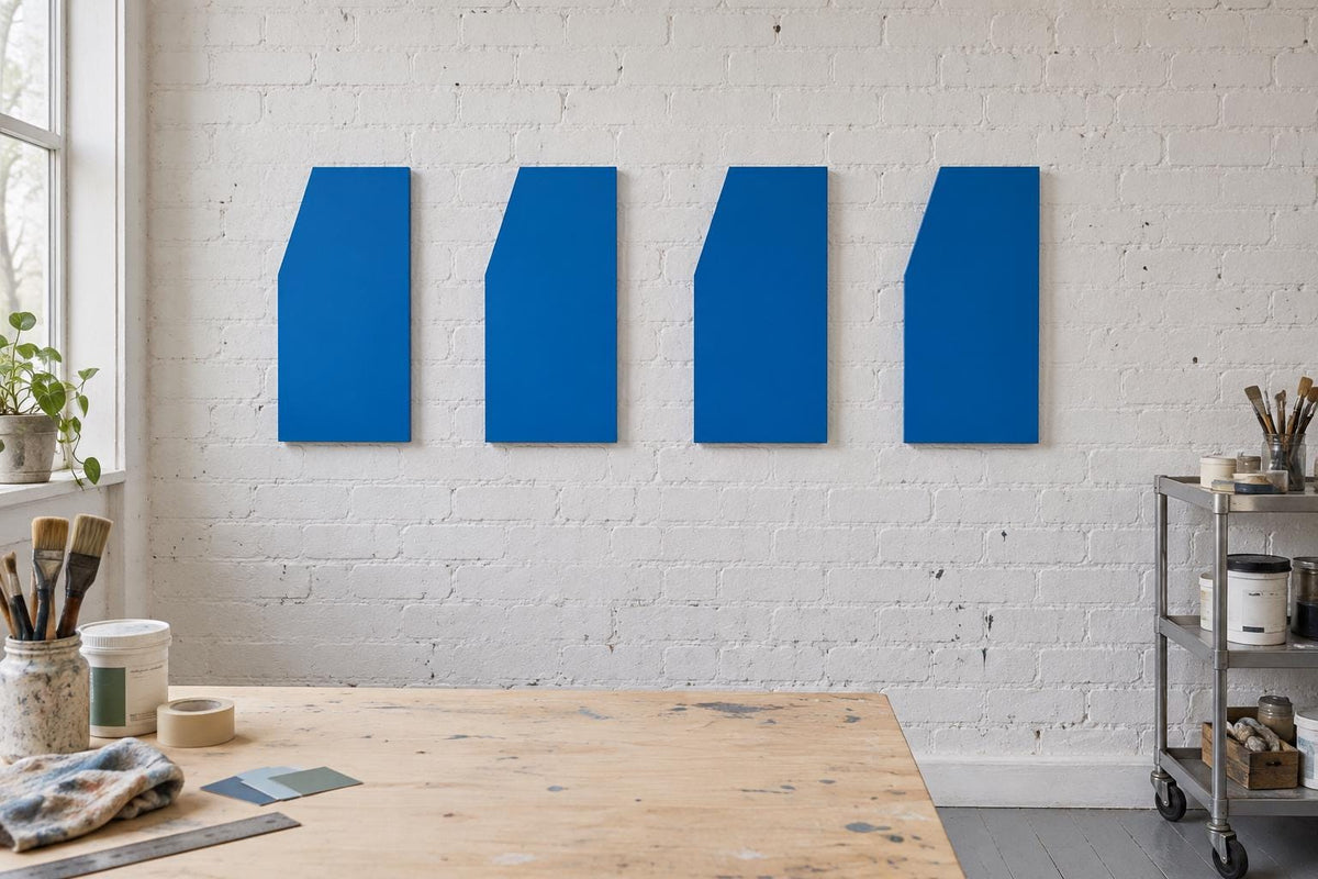 Four blue angular panels lined up on a white brick wall.