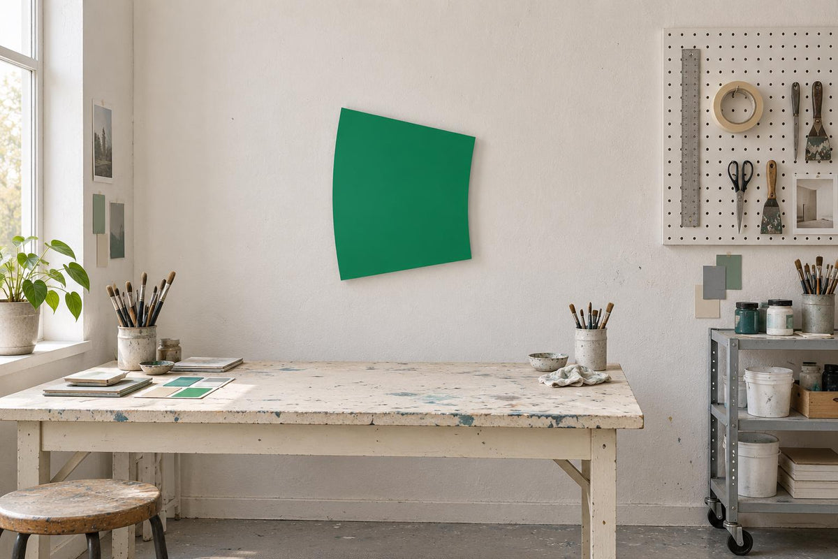 Green curved-edge wall panel above a paint-marked worktable.