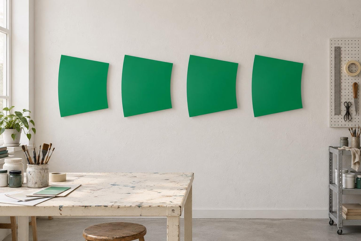Four green curved-edge panels arranged across a studio wall.