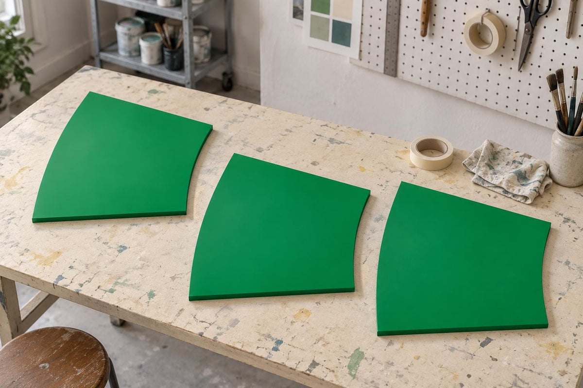 Three green curved-edge panels spread across a worktable.