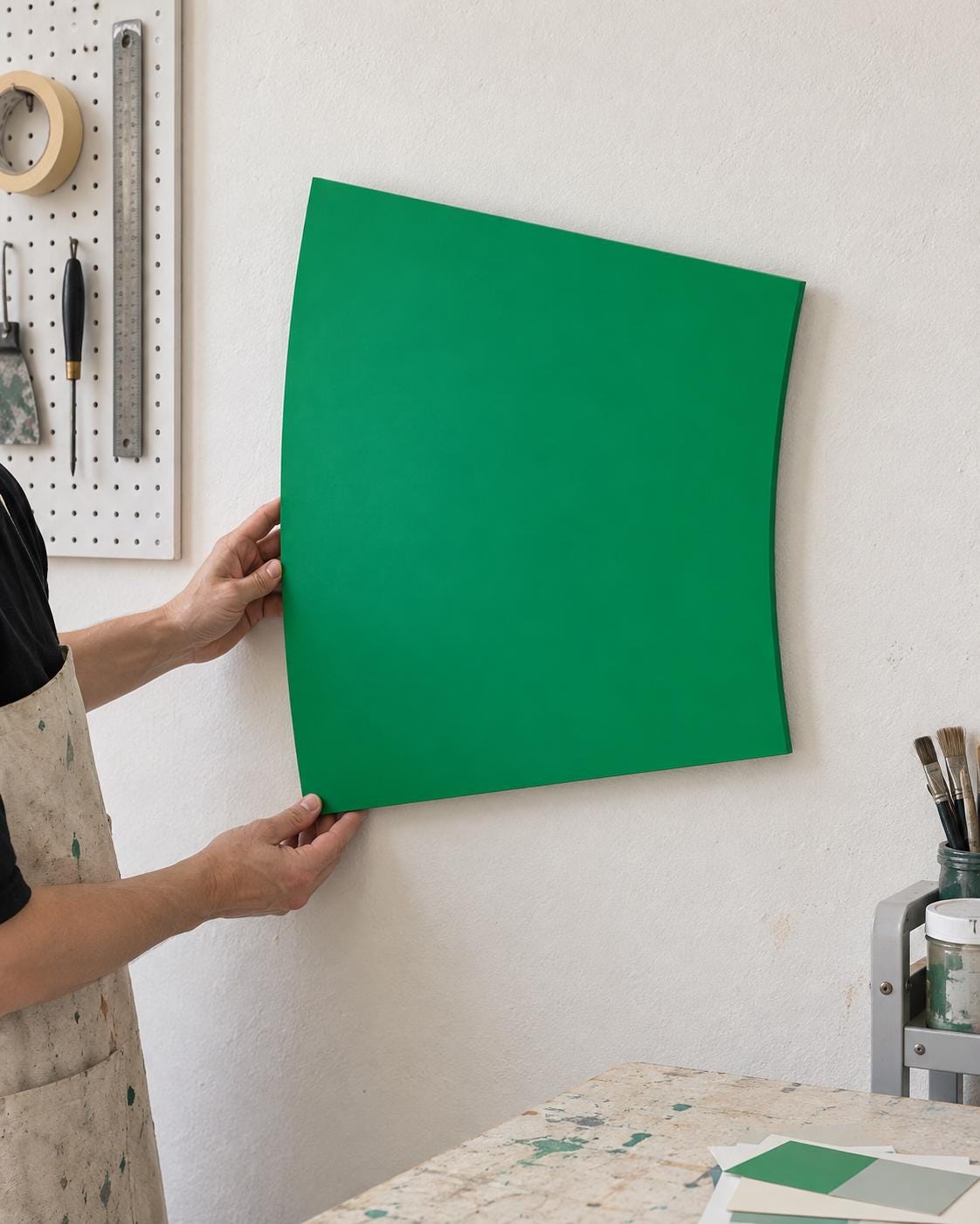 Person positioning a green curved-edge panel on a wall.