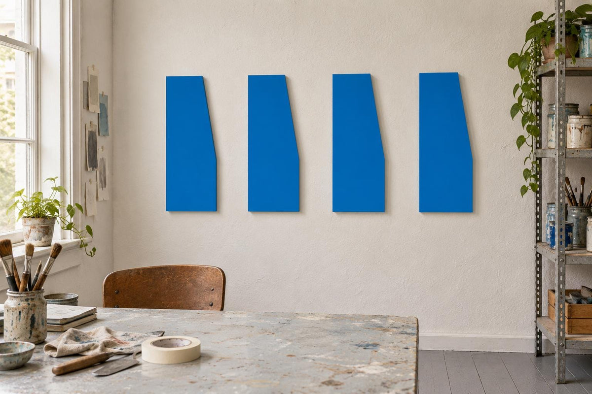 Four tall blue angular panels above a studio worktable.