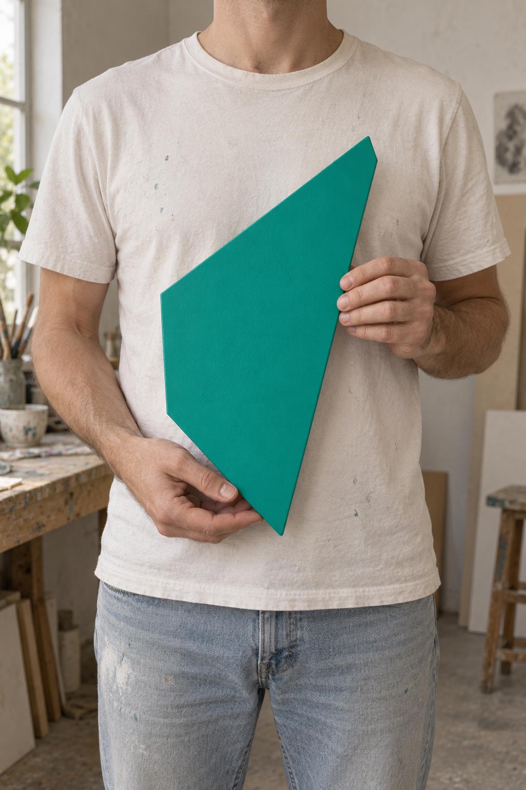 Person holding a green angular wall panel at chest height.