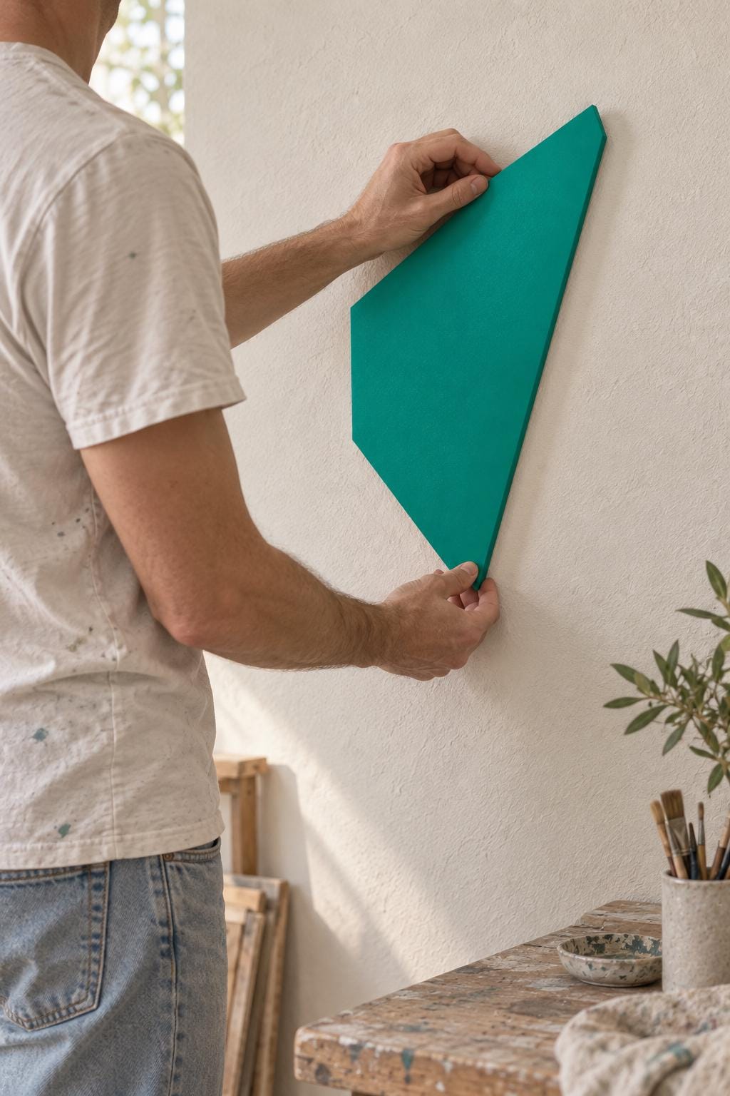 Person positioning a green angular panel on a cream wall.