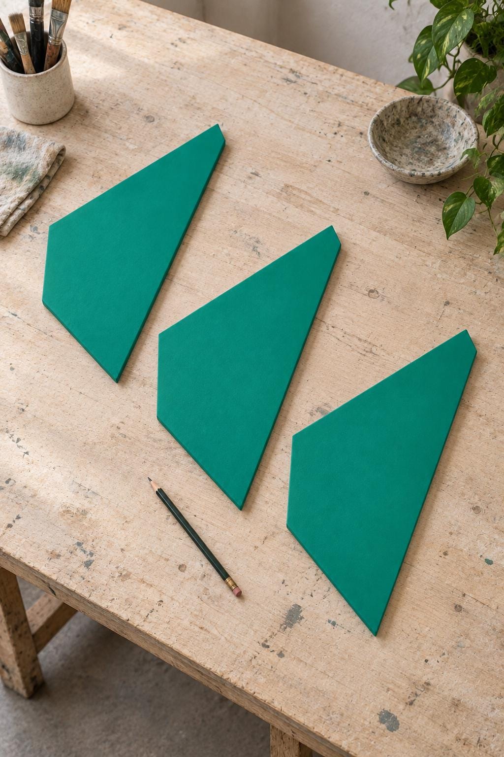 Three green angular panels arranged on a worktable with paintbrushes.