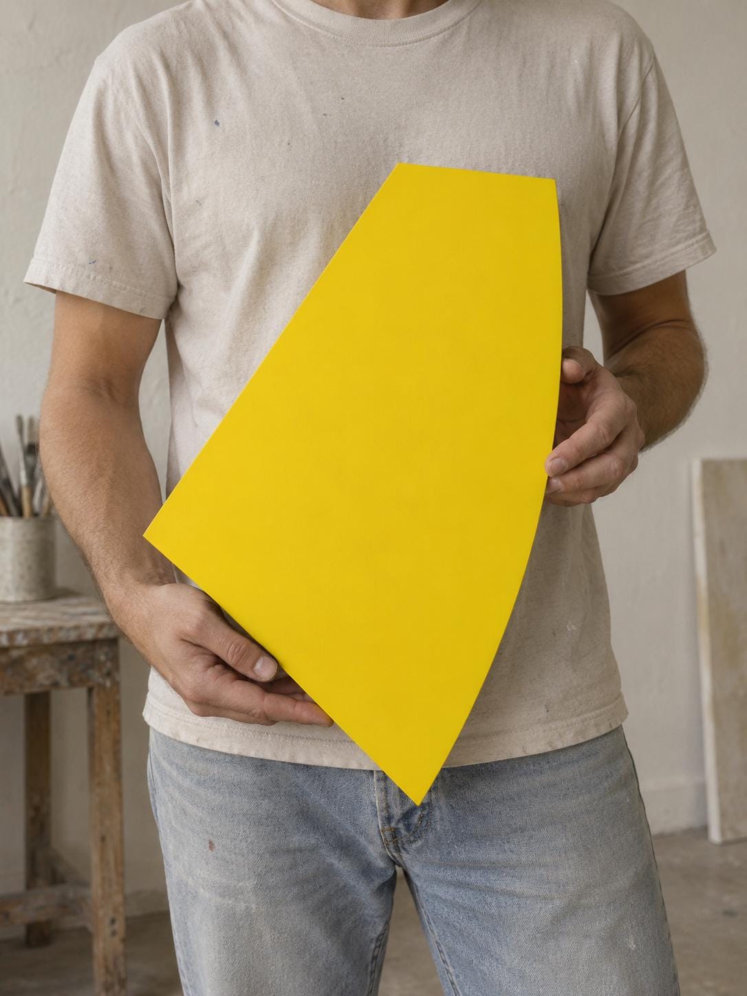 Person holding a yellow wall panel with a pointed bottom.
