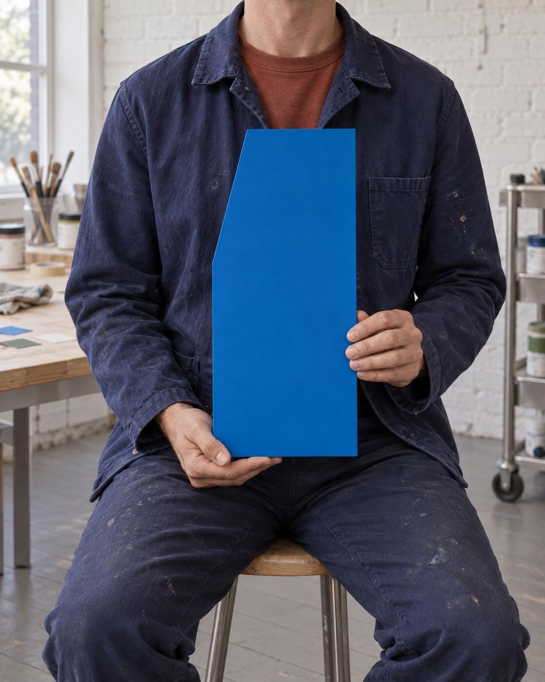 Seated person holding a blue wall panel with a slanted upper-left edge.