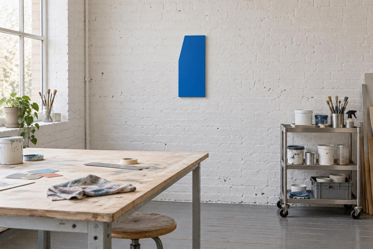 Blue angular wall panel in a sunlit studio with a worktable.