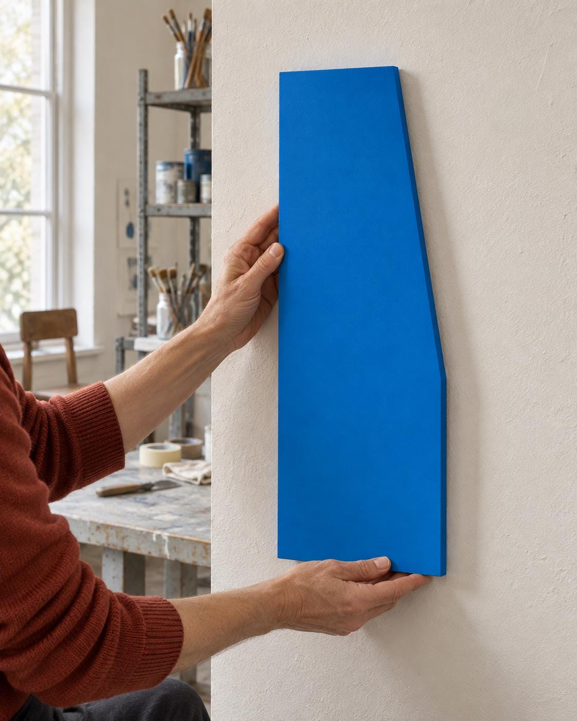 Hands positioning a tall blue panel on a cream wall.